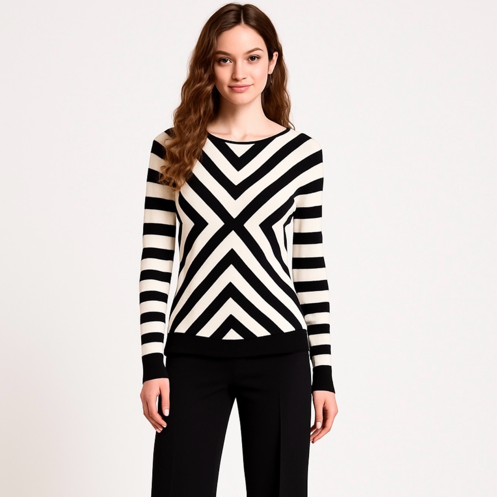 Milly Intarsia Merino Wool Black White Chevron Stripe Sweater~P XS💛